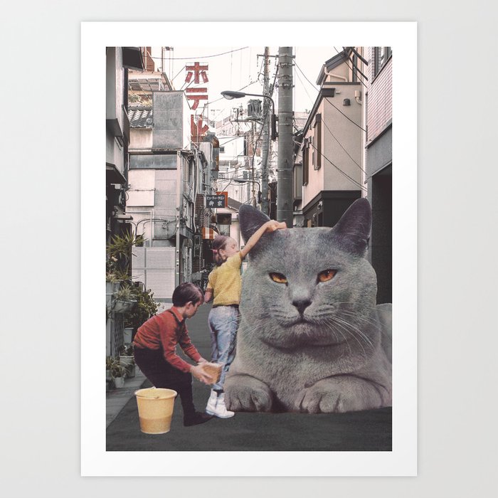Children washing a giant Cat in Tokyo Streets Art Print