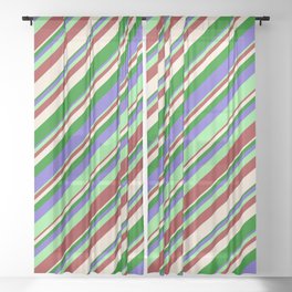 [ Thumbnail: Slate Blue, Light Green, Brown, Beige & Green Colored Pattern of Stripes Sheer Curtain ]