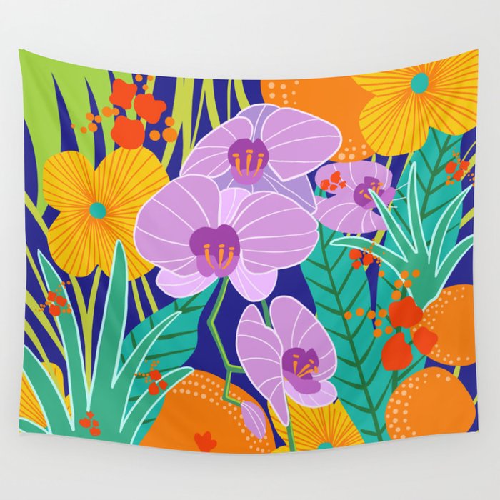 Orchid Fantasy Illustration, Tropical Colourful Orchids Wall Tapestry