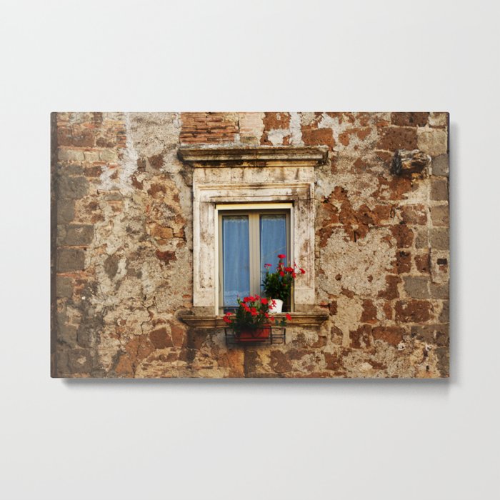 Antique window with red flowers Metal Print