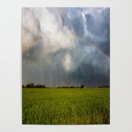 Under the Rainbow - Tornado Under Full Rainbow on Stormy Spring Day in Texas Poster
