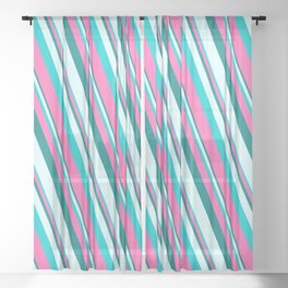 [ Thumbnail: Teal, Light Cyan, Dark Turquoise, and Hot Pink Colored Pattern of Stripes Sheer Curtain ]