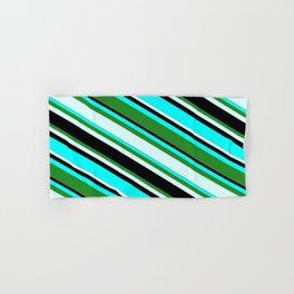 [ Thumbnail: Aqua, Forest Green, Light Cyan, and Black Colored Lines/Stripes Pattern Hand & Bath Towel ]