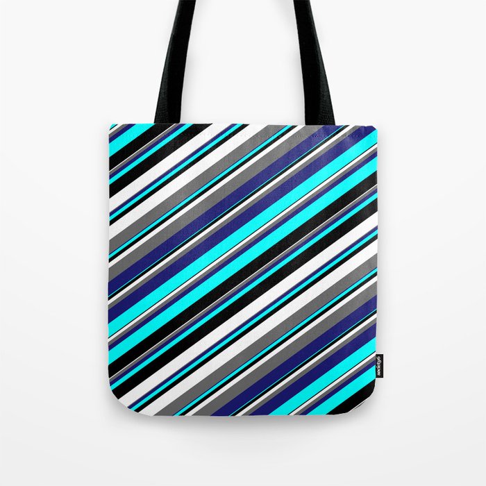 Aqua, Black, White, Dim Gray & Midnight Blue Colored Stripes/Lines Pattern Tote Bag