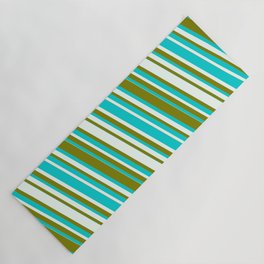 [ Thumbnail: Dark Turquoise, Mint Cream, and Green Colored Striped/Lined Pattern Yoga Mat ]
