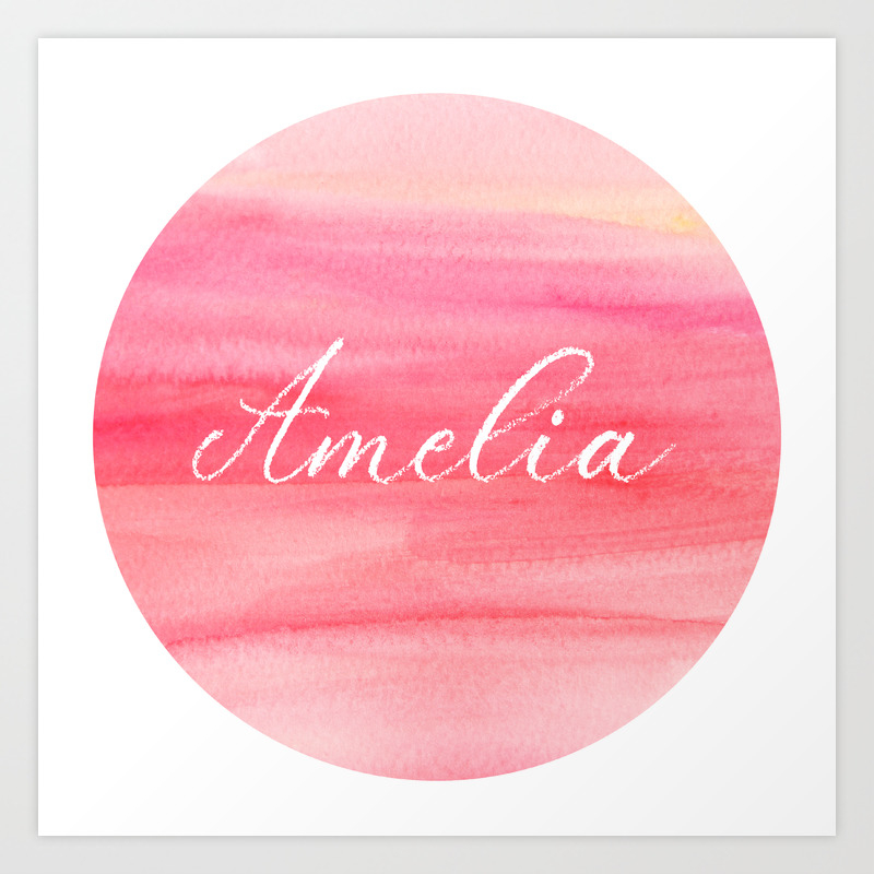 Amelia - name art, monogram on pink watercolor Art Print by Victoria |  Society6