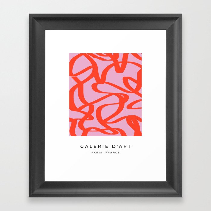 Pink Retro Lines Modern Abstract Brush Shapes Midcentury Line Shapes Vintage Framed Art Print