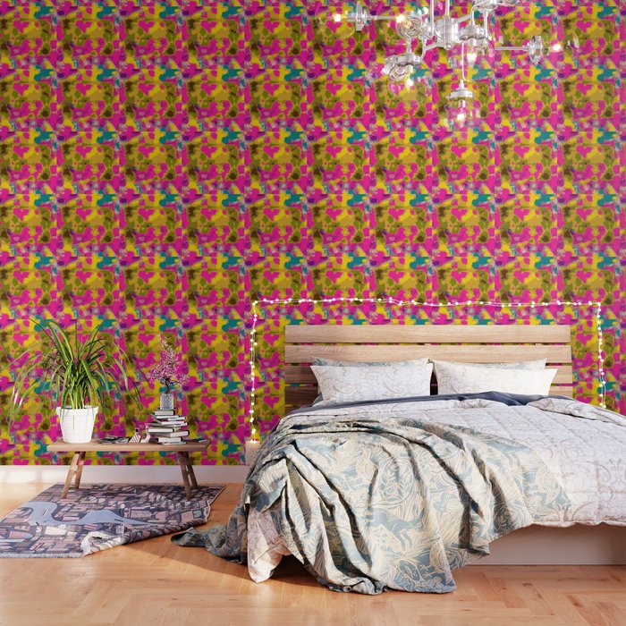 psychedelic geometric painting texture abstract in pink yellow brown blue Wallpaper
