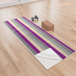 [ Thumbnail: Purple, Gray, Dark Grey, and Tan Colored Lined Pattern Yoga Towel ]