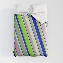 [ Thumbnail: Vibrant Blue, Beige, Green, Dark Sea Green, and Plum Colored Pattern of Stripes Comforter ]