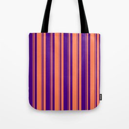 [ Thumbnail: Indigo and Coral Colored Lined Pattern Tote Bag ]