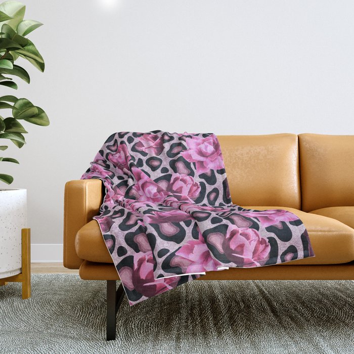 Pink leopard pattern pink roses Throw Blanket