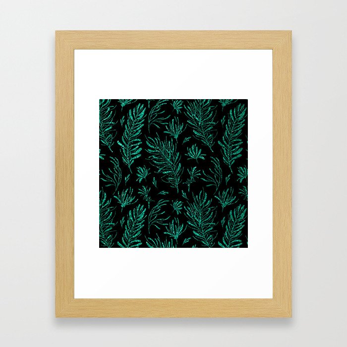 Elegant black emerald green glitter leaves Framed Art Print