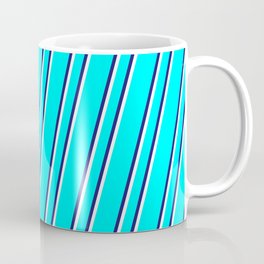 [ Thumbnail: Aqua, Midnight Blue, and White Colored Stripes Pattern Coffee Mug ]
