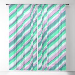 [ Thumbnail: Plum, Teal, Green & Light Cyan Colored Striped Pattern Sheer Curtain ]