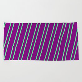[ Thumbnail: Purple, Green & Light Green Colored Lined/Striped Pattern Beach Towel ]