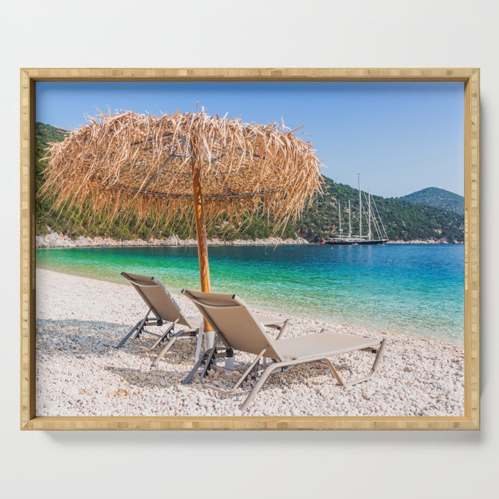 Kefalonia, Greece. Beach chair and umbrella at the Antisamos beach. Serving Tray