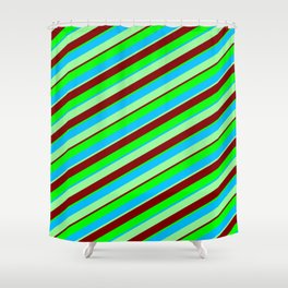 [ Thumbnail: Maroon, Lime, Deep Sky Blue, and Green Colored Stripes Pattern Shower Curtain ]