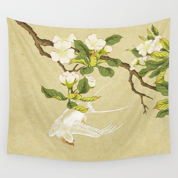 Pear blossoms and white swallow Type A Minhwa Korean traditional folk art Wall Tapestry