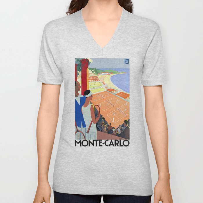 1930 MONTE CARLO Tennis Monaco Travel Poster V Neck T Shirt