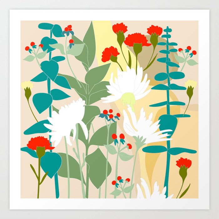 Illustration, modern flowers, bold colors,red, turquoise, white,green. Art Print