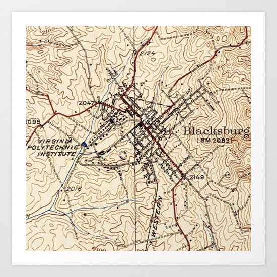 Vintage Map of Blacksburg Virginia (1932) Art Print by bravuramedia