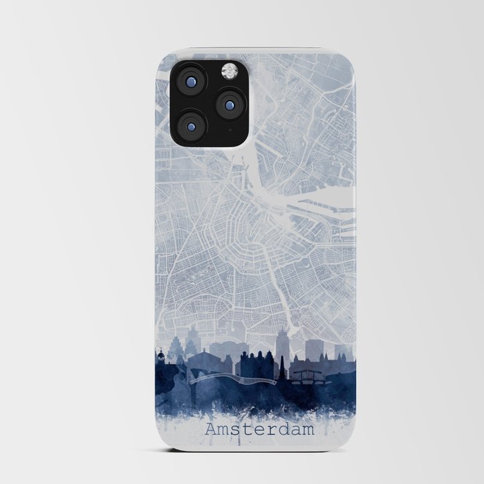 Amsterdam Skyline Map Watercolor Navy Blue, Print by Zouzounio Art iPhone Card Case