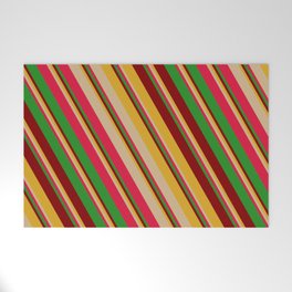[ Thumbnail: Colorful Goldenrod, Tan, Crimson, Forest Green & Maroon Colored Striped/Lined Pattern Welcome Mat ]