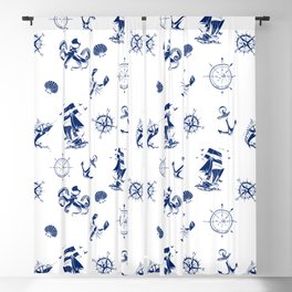 Blue Silhouettes Of Vintage Nautical Pattern Blackout Curtain