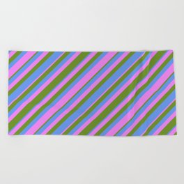 [ Thumbnail: Green, Cornflower Blue & Violet Colored Striped Pattern Beach Towel ]