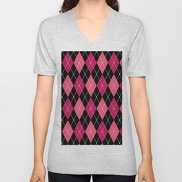 Pink And Black Argyle Diamonds Pattern Diamond Shape Tartan Quilt Knit Sweater Geometric  V Neck T Shirt
