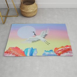 In Flight  - Crane in Sunset Landscape - acrylic on canvas Rug