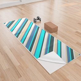[ Thumbnail: Eye-catching Blue, Tan, White, Dark Slate Gray, and Cyan Colored Lined/Striped Pattern Yoga Towel ]