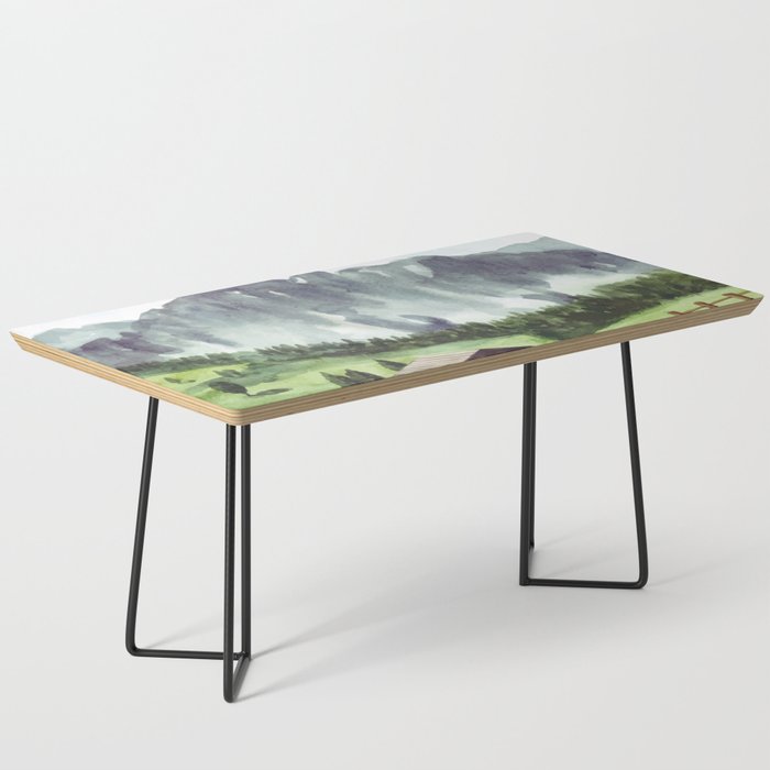 Green Nature Landscape With House And Mountain Watercolor Coffee Table