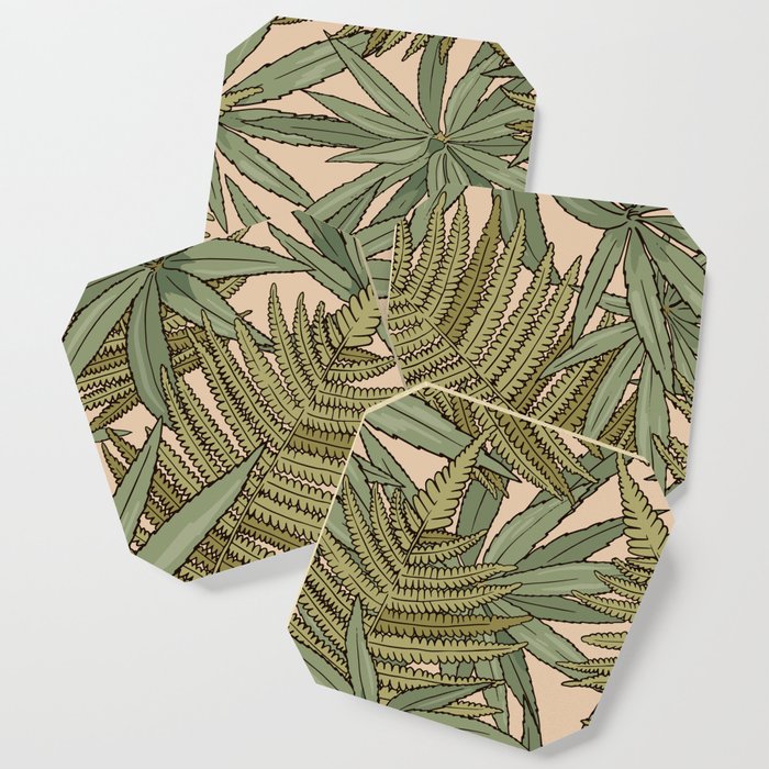 Vintage tropical pattern with fern and long leaves on beige background Coaster