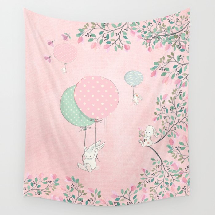 Cute flying Bunny with Balloon and Flower Rabbit Animal on pink floral background Wall Tapestry