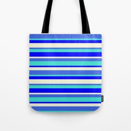 [ Thumbnail: Royal Blue, Turquoise, Blue & Beige Colored Lined Pattern Tote Bag ]