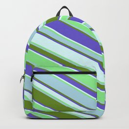 [ Thumbnail: Colorful Light Blue, Green, Slate Blue, Light Cyan & Light Green Colored Stripes Pattern Backpack ]
