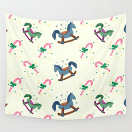 Cute Cream Retro Christmas Rocking Horse & Candy Cane Wall Tapestry