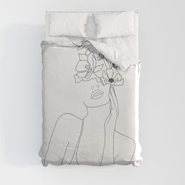 Minimal Line Art Woman with Flowers Duvet Cover