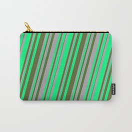 [ Thumbnail: Dark Grey, Green & Dark Olive Green Colored Lines/Stripes Pattern Carry-All Pouch ]