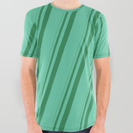 [ Thumbnail: Sea Green and Aquamarine Colored Lines/Stripes Pattern All Over Graphic Tee ]