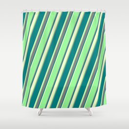 [ Thumbnail: Green, Grey, Teal & Light Yellow Colored Striped Pattern Shower Curtain ]