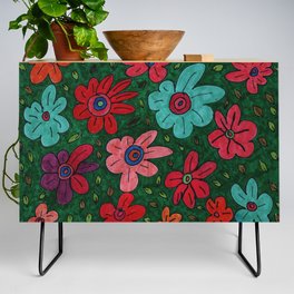 Abstract Multi-coloured Flowers Floating in Green  Credenza