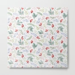 Christmas pattern on white Metal Print | Pattern, Painting, Christmasfloral, Holly, Redberries, Green, Watercolor, Redandgreen, Floral, Christmas 