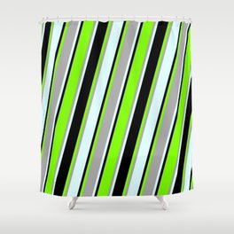 [ Thumbnail: Chartreuse, Dark Gray, Light Cyan, and Black Colored Stripes/Lines Pattern Shower Curtain ]