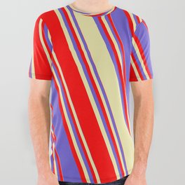 [ Thumbnail: Red, Slate Blue, and Pale Goldenrod Colored Lined/Striped Pattern All Over Graphic Tee ]