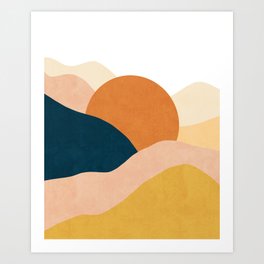 Sunrise landscape in yellow, orange, blue Art Print