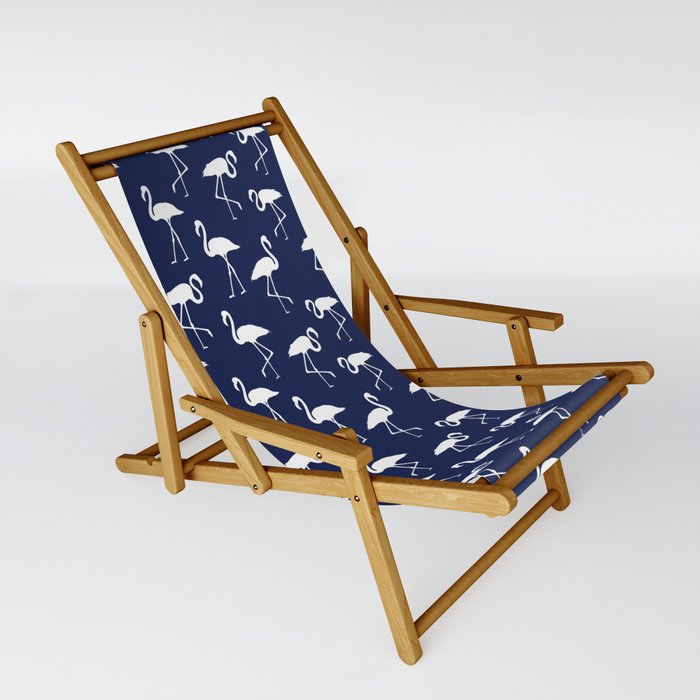 White flamingo silhouettes seamless pattern on navy blue background Sling Chair
