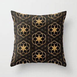 Seed of life in Flower of Life Pattern Black and Gold Throw Pillow
